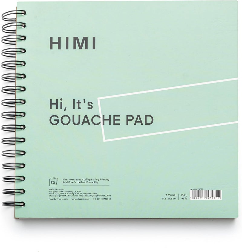 HIMI دفتر غواش 8.5X8.5''(98lb/160g) 50 ورقة ورق مختلط، مربوط من الجانب، نسيج ناعم، في دفتر فن الغواش الأكريليكي للرسم، دفتر رسم بالحبر، لوازم الفن هدية دفتر الرسم (أخضر) - Image 1